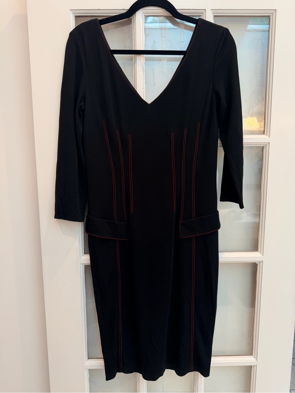 Vintage David Meister Black V-Neck Gothic Chic Midi Dress Red Stitching Size 6